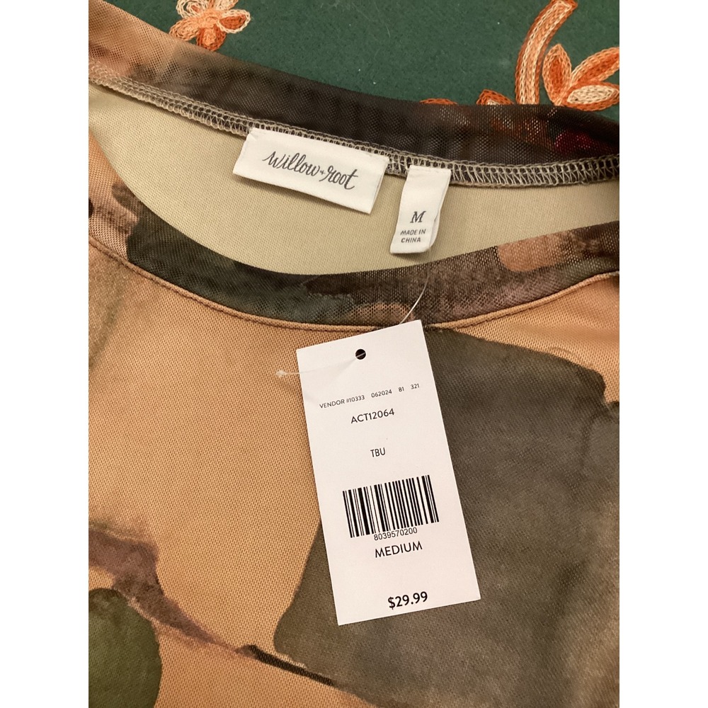 Willow + Root Mesh Top Medium Abstract Watercolor Long Sleeve Crop NWT - Picture 4 of 5